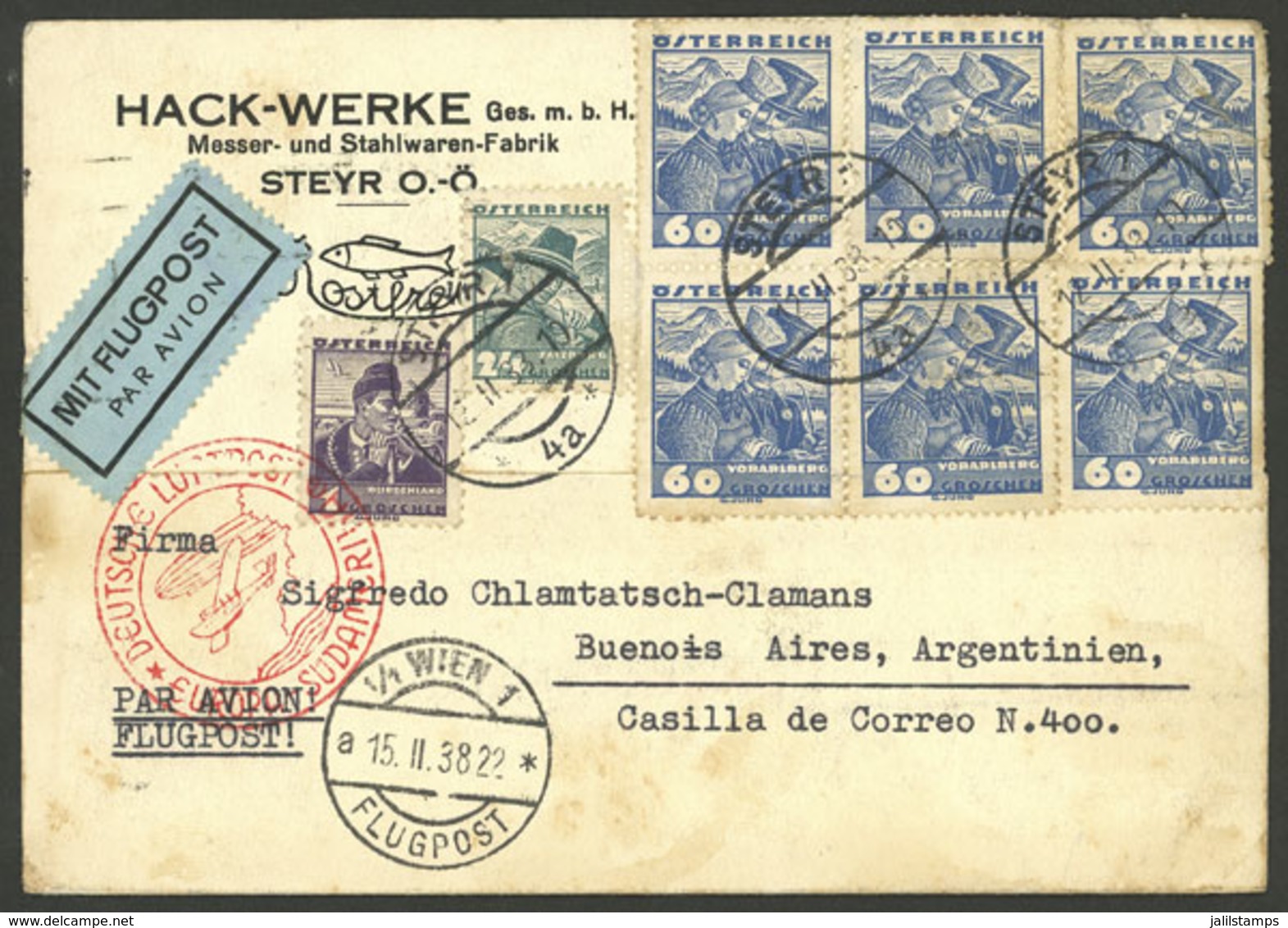 AUSTRIA: 12/FE/1938 Steyr - Argentina, Card Sent By German DLH With Nice Postage Of 3.85S., Arrival Backstamp Of Buenos  - Autres & Non Classés