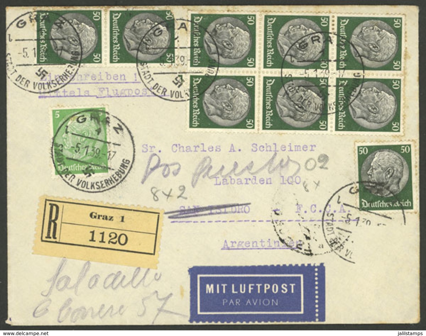 AUSTRIA: 5/JA/1939 Graz - Argentina, Registered Airmail Cover Franked With German Stamps (total 4.55Mk.), Arrival Backst - Autres & Non Classés