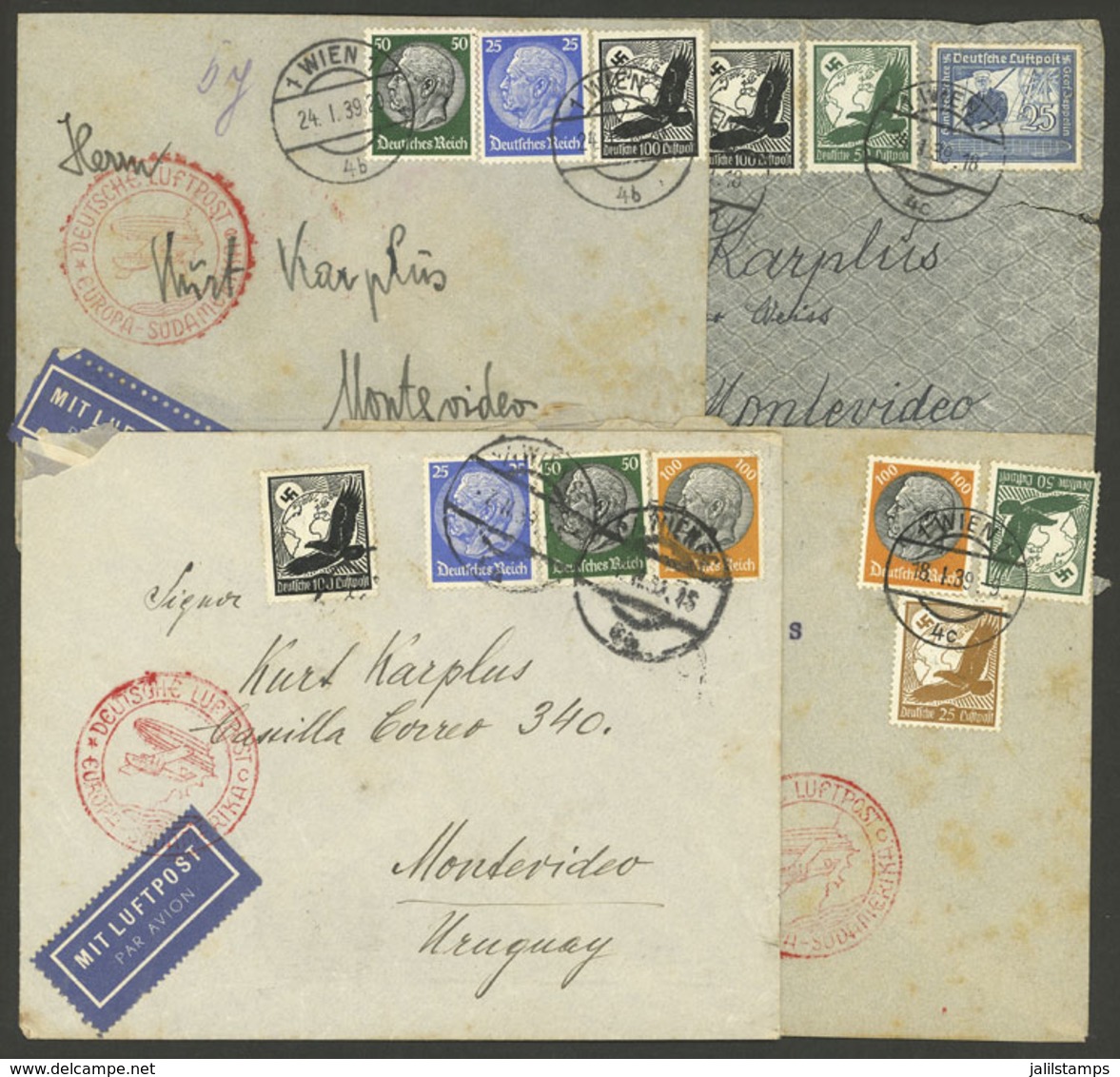 AUSTRIA: 4 Airmail Covers Sent From Wien To Uruguay In 1939, All Franked With German Stamps, Small Faults, Interesting G - Autres & Non Classés