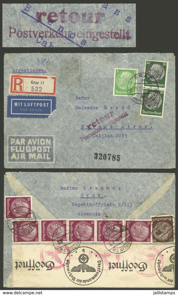 AUSTRIA: 15/DE/1941 Graz - Argentina, Registered Airmail Cover Franked With German Stamps (total 2.05Mk.), With Nazi Cen - Otros & Sin Clasificación