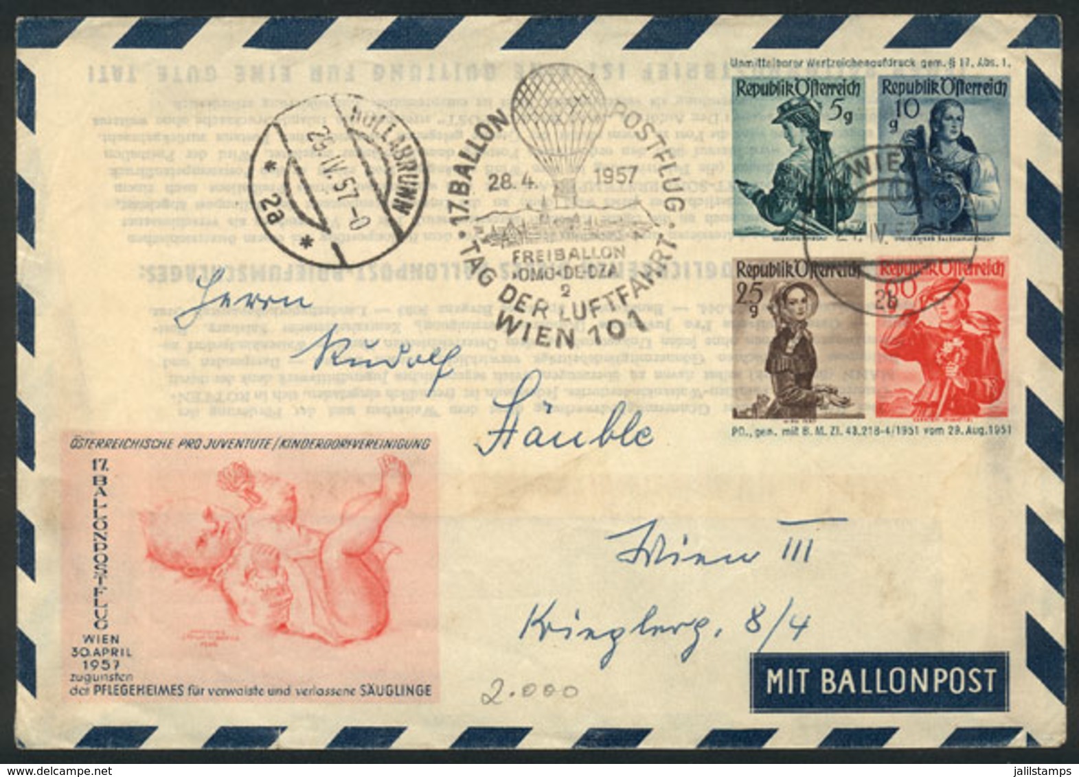 AUSTRIA: Stationery Envelope FLOWN BY BALLOON On 28/AP/1957, Special Postmark, VF! - Autres & Non Classés