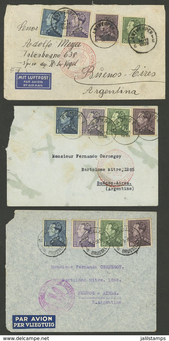BELGIUM: 3 Airmail Covers Sent To Argentina Between MAR And JUN/1938 Franked With 18.75Fr., All Flown By German DLH And  - Autres & Non Classés