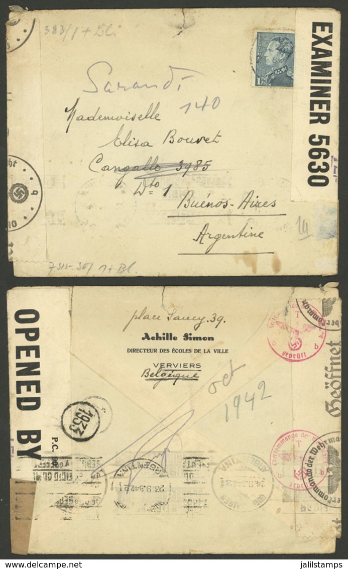BELGIUM: Cover Sent From Verviers To Argentina Franked With 1.75Fr., With Double Censorship Nazi + Allied, Arrival Backs - Autres & Non Classés