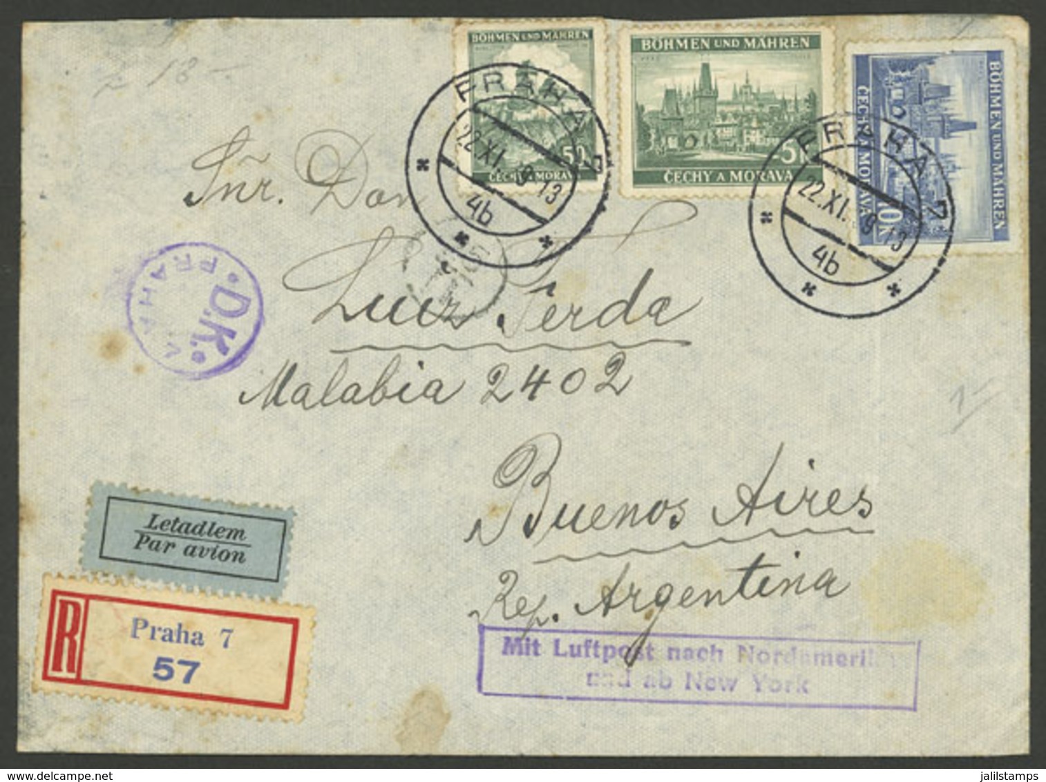 BOHEMIA AND MORAVIA: 22/NO/1939 Praha - Argentina, Registered Airmail Cover (with Censor Labels On Back), Sent Via New Y - Lettres & Documents