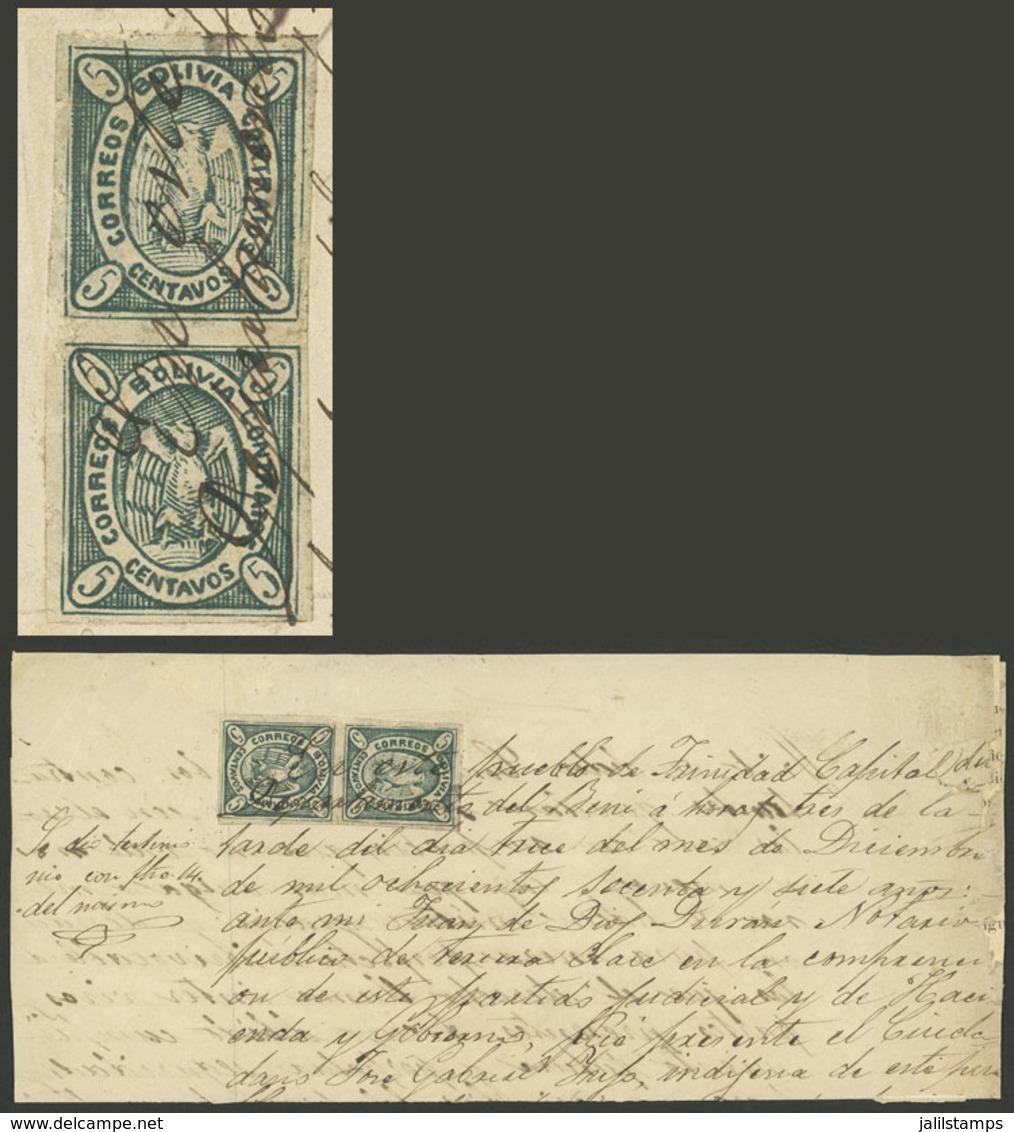 BOLIVIA: Document Of 13/DE/1867 Franked With 2 Revenue Stamps Of 5c. In Vertical Pair, Very Nice! - Bolivie