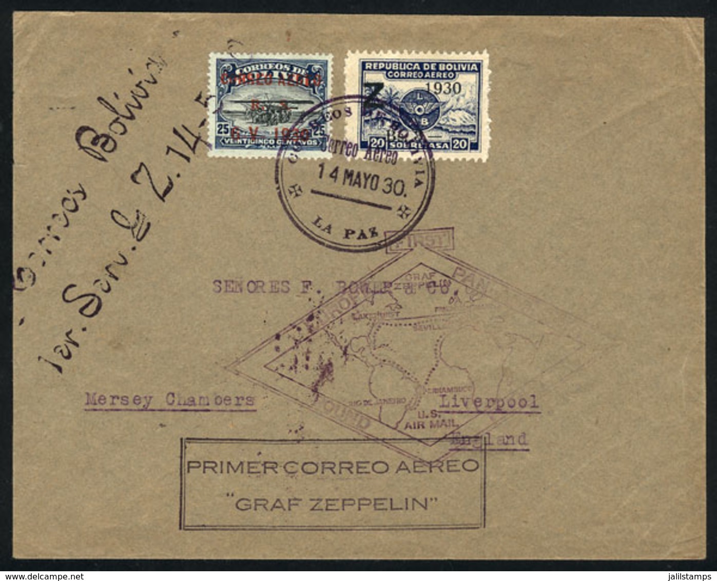BOLIVIA: Cover Flown By ZEPPELIN, Sent From La Paz To England On 14/MAY/1930, Franked With Sc.C15 + C25, Violet Handstam - Bolivie