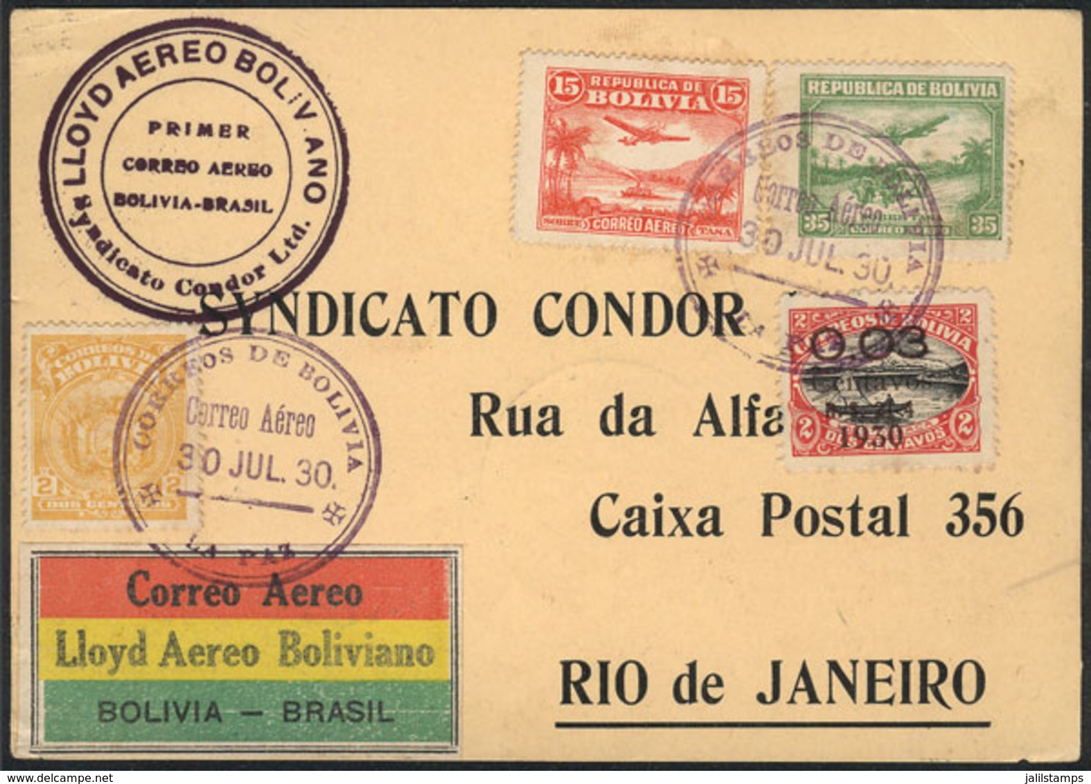 BOLIVIA: 30/JUL/1930: First Airmail Flight La Paz - Rio De Janeiro Via Syndicato Condor, Card Of Excellent Quality! - Bolivie