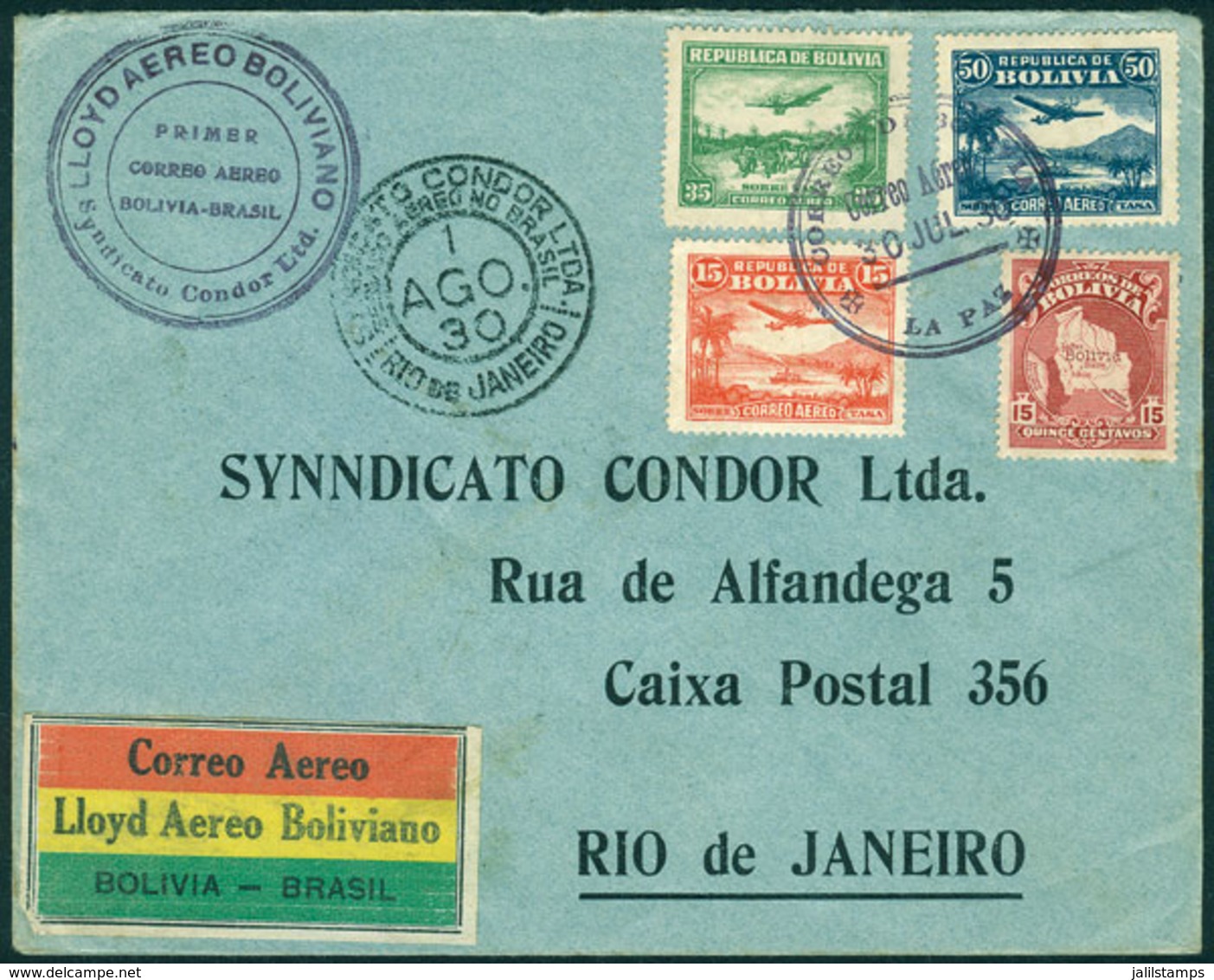 BOLIVIA: 30/JUL/1930: First Airmail Flight La Paz - Rio De Janeiro, Via Syndicato Condor, Cover Of Excellent Quality! - Bolivia