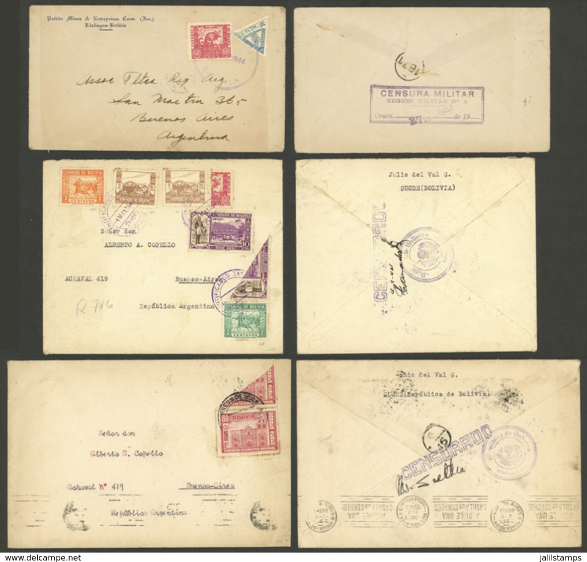 BOLIVIA: 3 Covers Sent To Argentina In 1944, All With Interesting Bolivian CENSOR Marks, 2 Include A Bisect Stamp In The - Bolivie