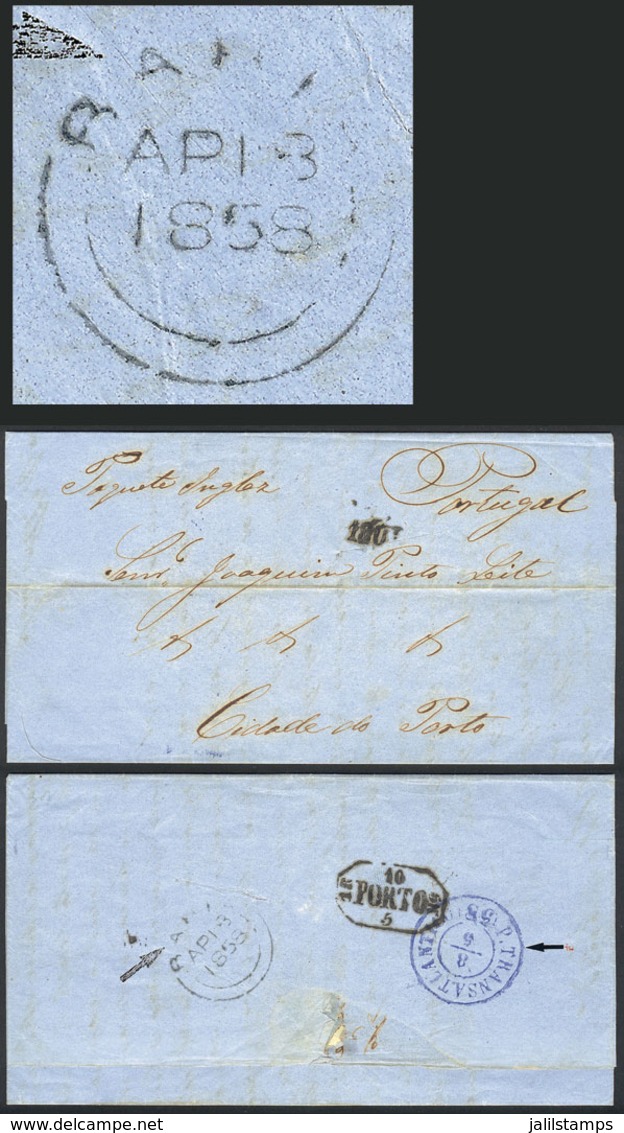 BRAZIL: Entire Letter Sent From BAHIA To Porto On 18/AP/1858, With Backstamp Of The British Consular Agency In Bahia, Tr - Autres & Non Classés