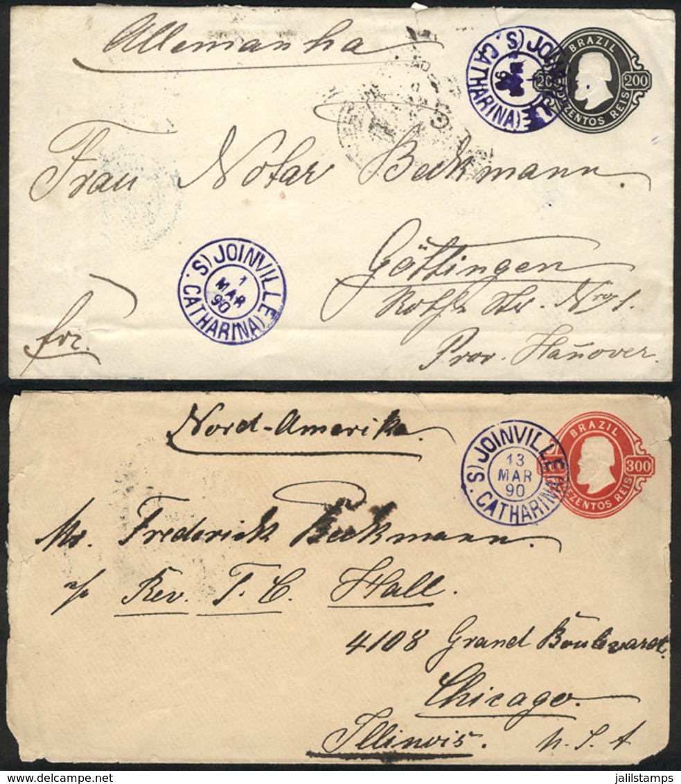 BRAZIL: 200Rs. And 300Rs. Stationery Covers Sent To Germany And USA In MAR/1890, Both With Blue Postmark Of JOINVILLE, V - Other & Unclassified