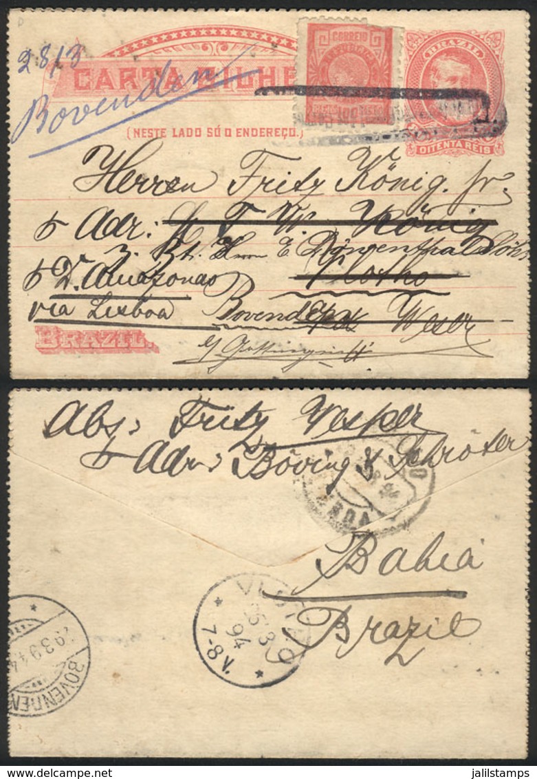 BRAZIL: 80Rs. Lettercard Uprated With 100Rs., Sent From Bahia To Germany On 3/AU/1894, With A Good Number Of Postal Mark - Autres & Non Classés