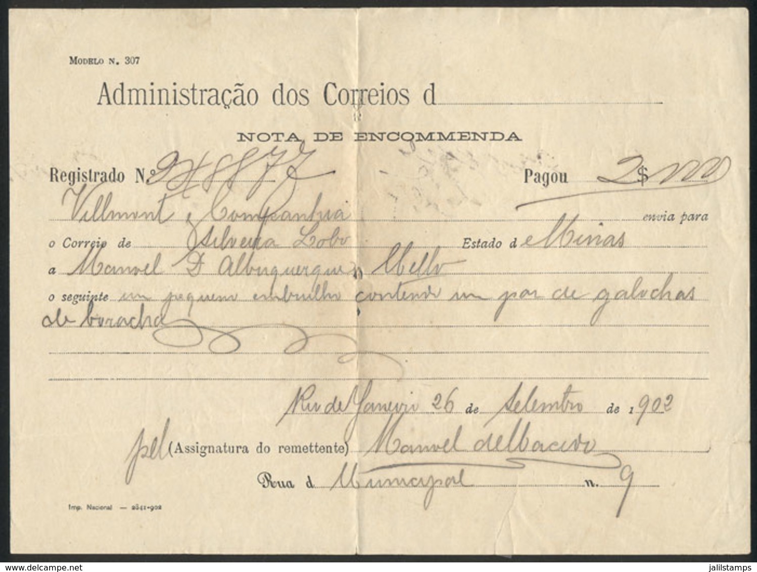 BRAZIL: Mailing Receipt For A Parcel Post Of 26/SE/1902, Interesting! - Autres & Non Classés