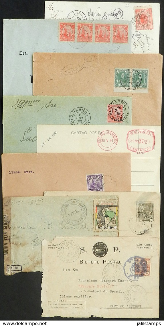 BRAZIL: 9 Covers And Cards Posted Between 1906 And 1946, With Interesting Postages And Postal Marks, Some Of VF Quality, - Autres & Non Classés