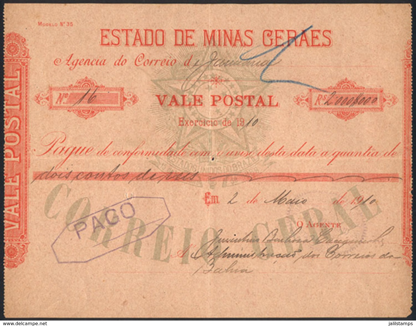 BRAZIL: Rare POSTAL MONEY ORDER Of The State Of Minas Gerais Dated 2/MAY/1910, Few Known Examples! - Autres & Non Classés