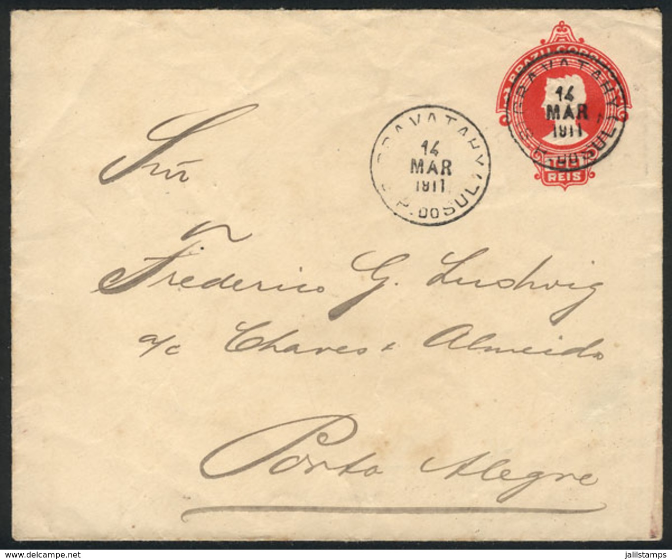 BRAZIL: 100Rs. Stationery Envelope Sent To Porto Alegre On 14/MAR/1911, Nice Postmark Of GRAVATAHY, VF! - Autres & Non Classés