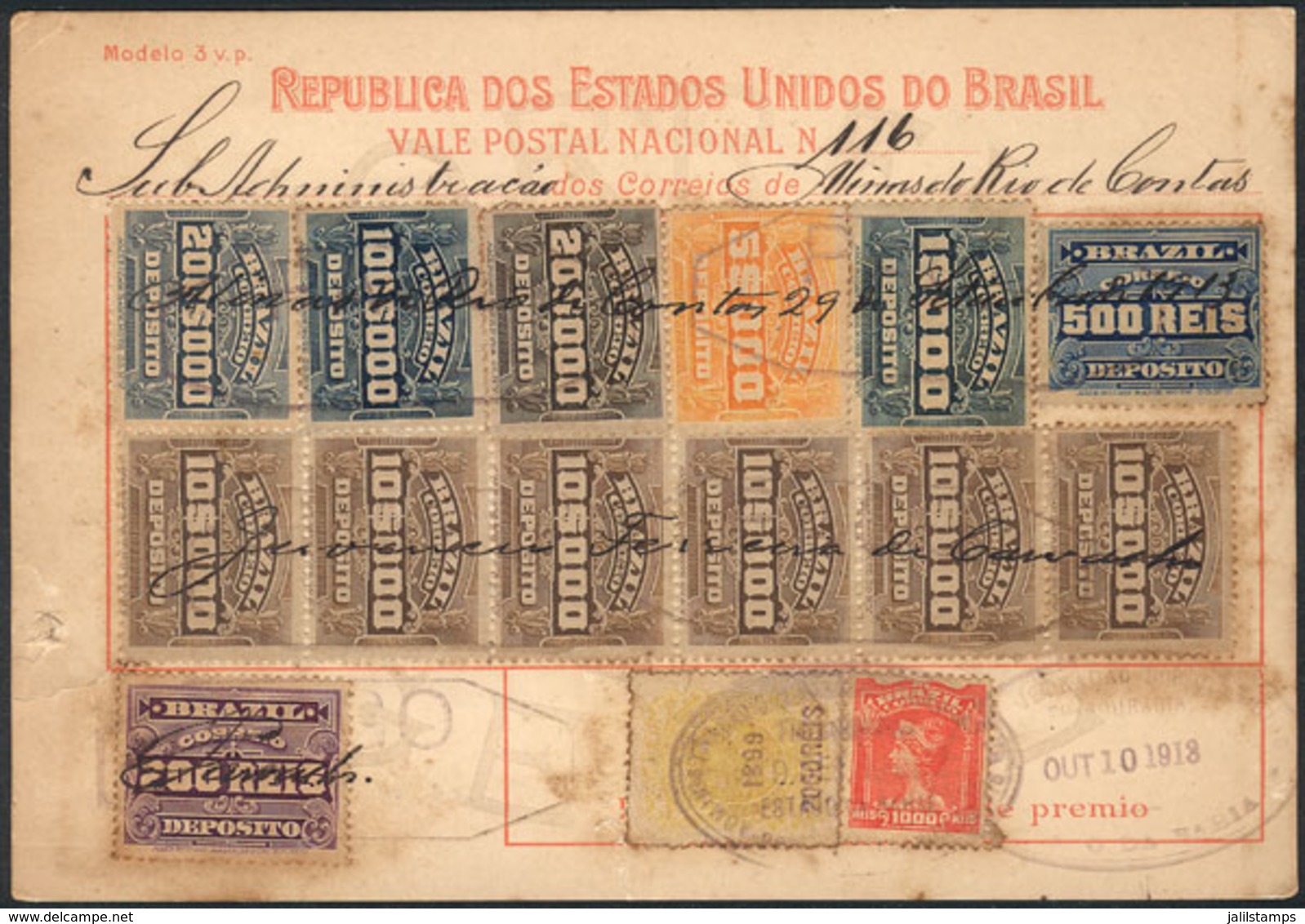 BRAZIL: Postal Money Order Of 386,700Rs. Dispatched On 10/AU/1918, Minor Defects, Very Good Appearance, Rare! - Autres & Non Classés