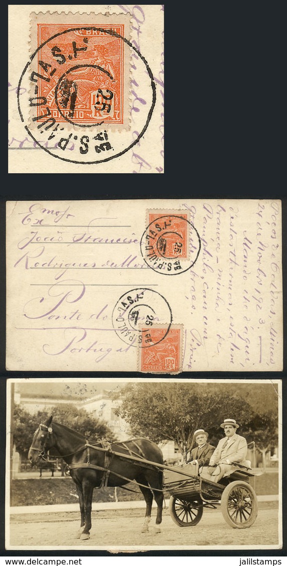 BRAZIL: Postcard Sent From Poços De Caldas To Portugal On 24/NO/1923 Franked With 200Rs., With Very Interesting Postmark - Autres & Non Classés