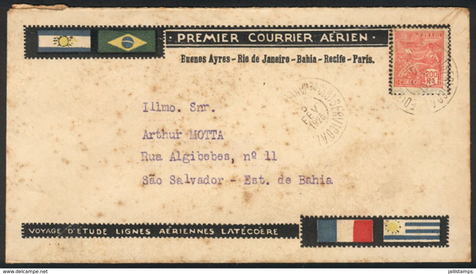 BRAZIL: 5/FE/1925 Rio De Janeiro - Salvador: Experimental Flight Of LATÉCOERE Airlines, Special Cover With Arrival Backs - Autres & Non Classés