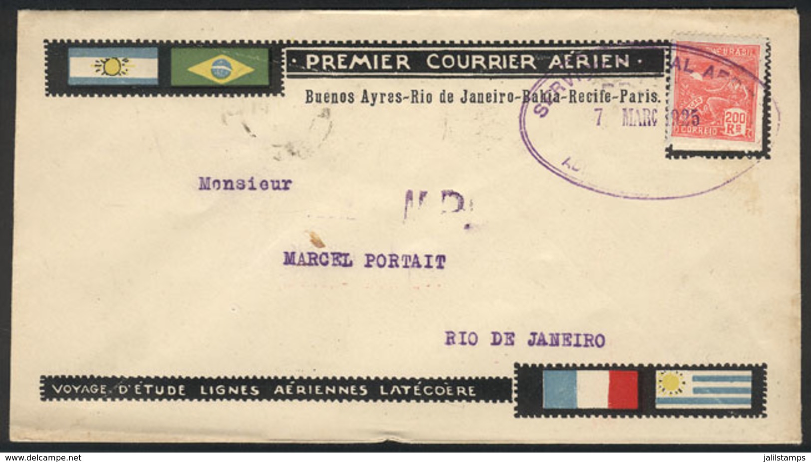BRAZIL: 7/MAR/1925 Pernambuco - Rio De Janeiro: Experimental Flight Of LATÉCOERE Airlines, Special Cover With Arrival Ba - Autres & Non Classés