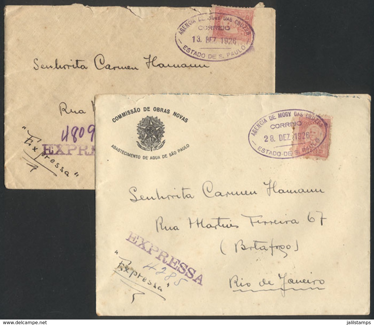BRAZIL: 2 Express Covers Sent To Rio On 13 And 28/DE/1926 Franked With 1,000Rs., With The Rare Violet Oval Cancel "AGENC - Autres & Non Classés