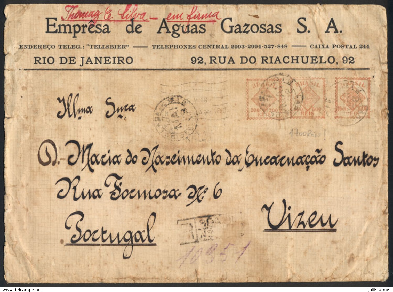 BRAZIL: Registered Cover Sent From Rio To Portugal On 17/MAY/1928, With Meter Postage For 1,700Rs., Very Interesting! - Autres & Non Classés