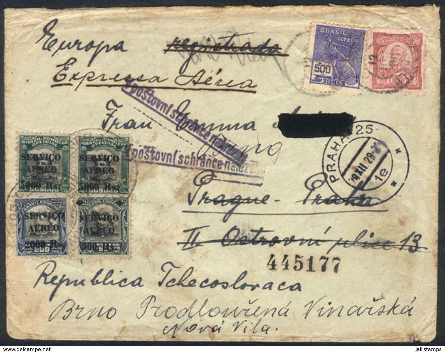 BRAZIL: Express Airmail Cover Franked With 14,000Rs., Sent To Czechoslovakia In December 1928, Very Interesting! - Autres & Non Classés
