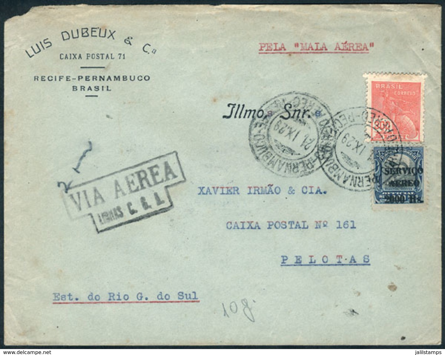 BRAZIL: 21/SE/1929 Cover Flown Via C.G.A. Between Pernambuco - Pelotas, Very Fine Quality! - Autres & Non Classés