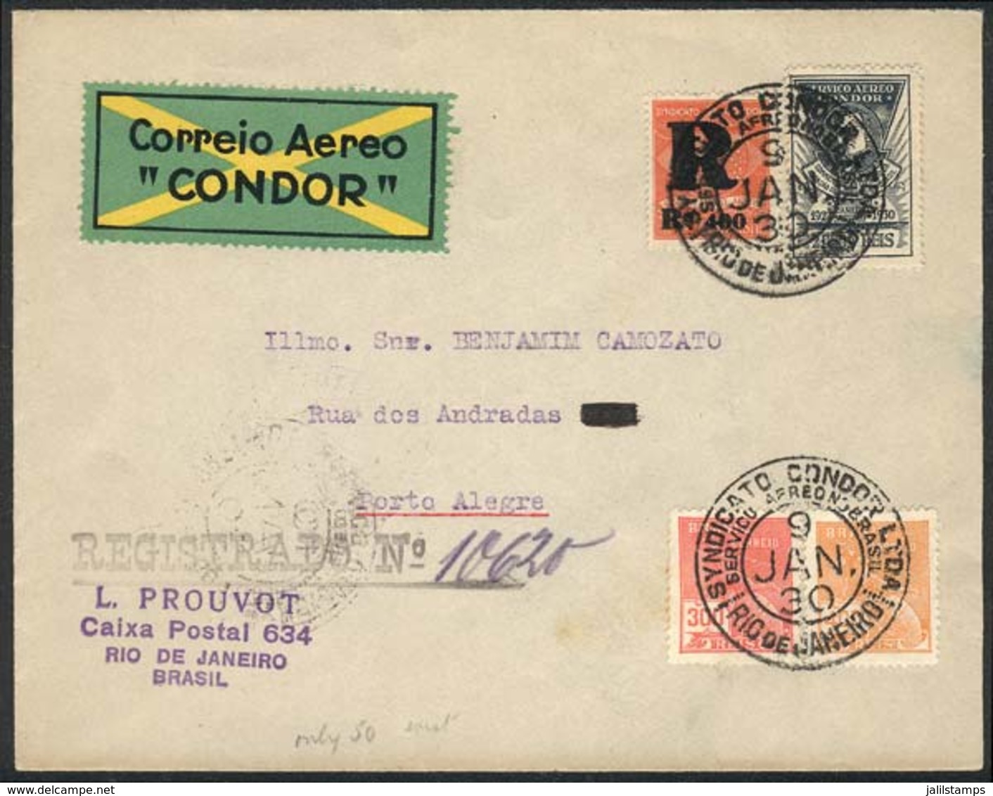 BRAZIL: Registered Airmail Cover Sent From Rio To Porto Alegre On 9/JA/1930, Franked With RHM.K-8 + K-11 (Victor Konder) - Autres & Non Classés