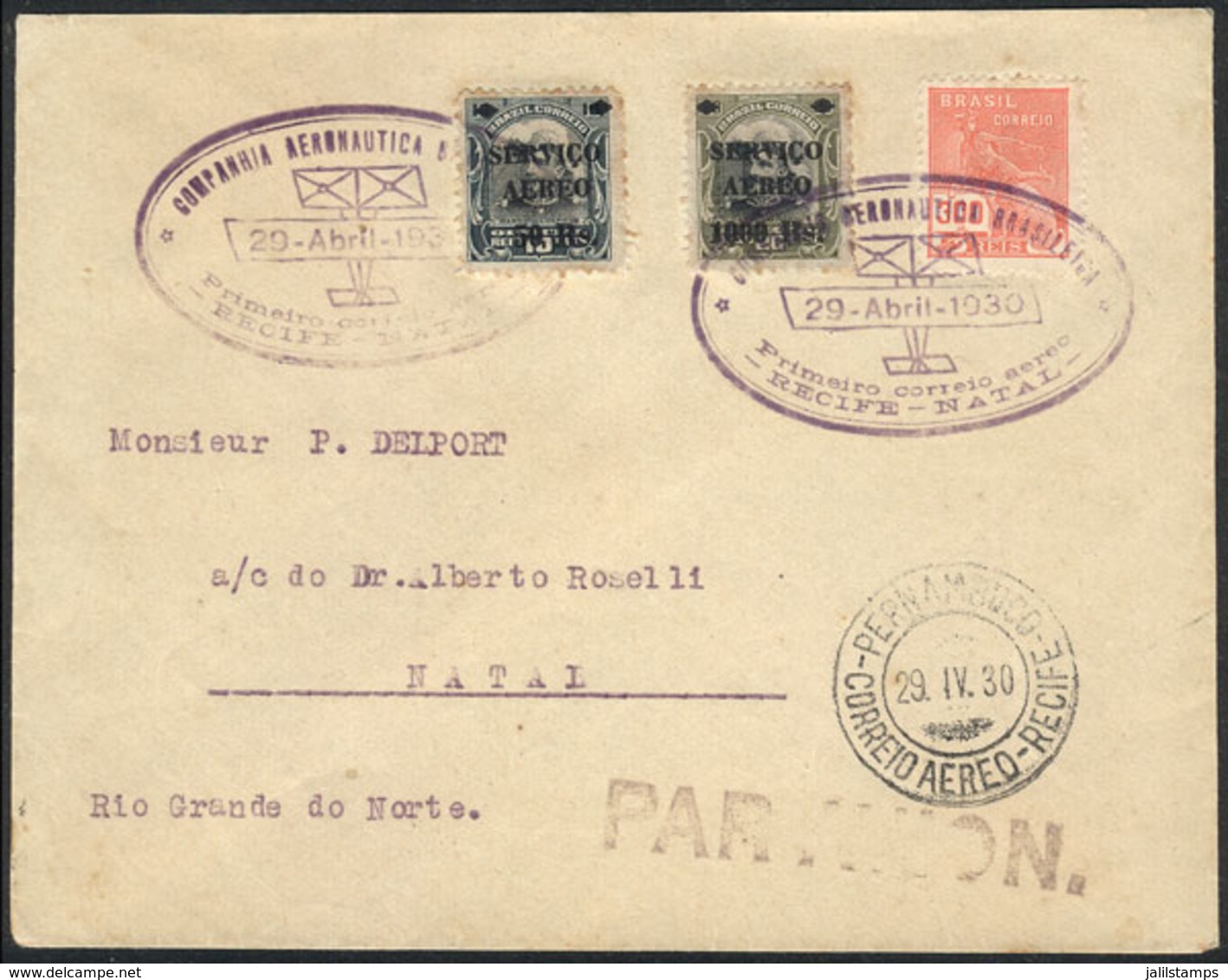 BRAZIL: 29/AP/1930 First Flight Recife - Natal, Via C.A.B., Very Fine Quality! - Autres & Non Classés