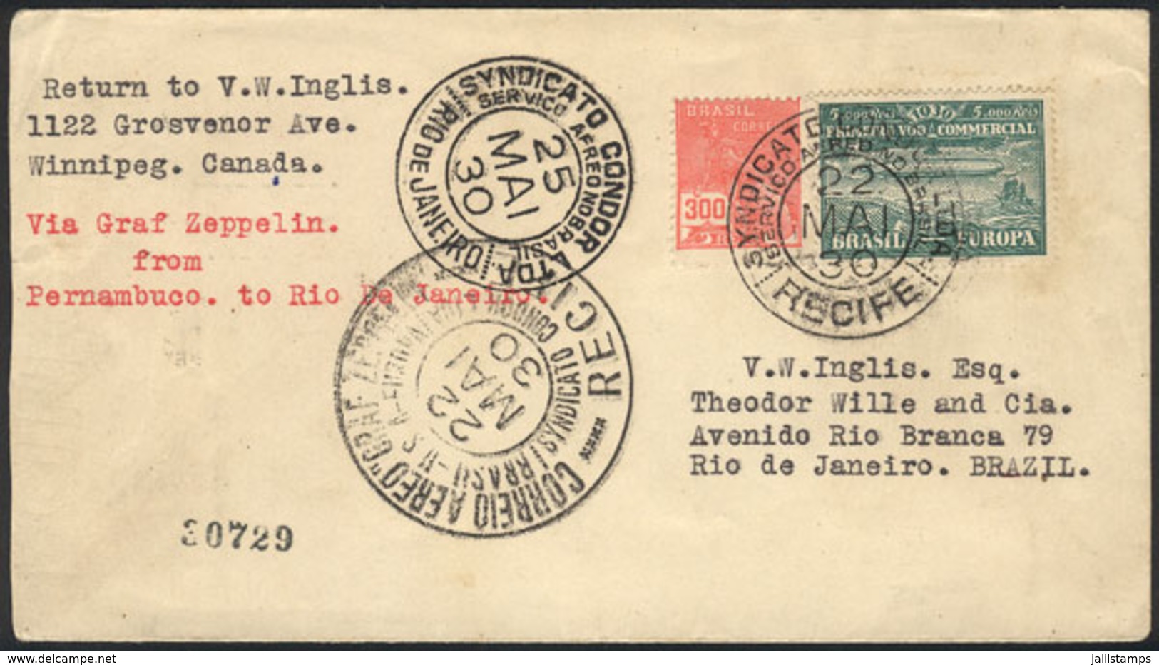 BRAZIL: Cover Flown Via ZEPPELIN From Recife To Rio De Janeiro On 22/MAY/1930, VF Quality! - Covers & Documents