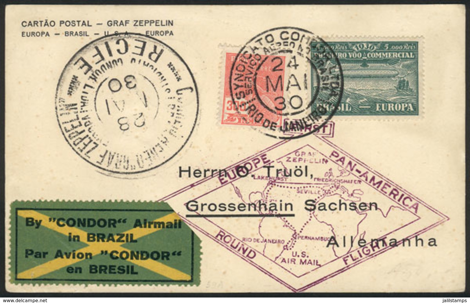 BRAZIL: Postcard Sent Via ZEPPELIN From Rio De Janeiro To Germany On 24/MAY/1930, VF Quality! - Lettres & Documents