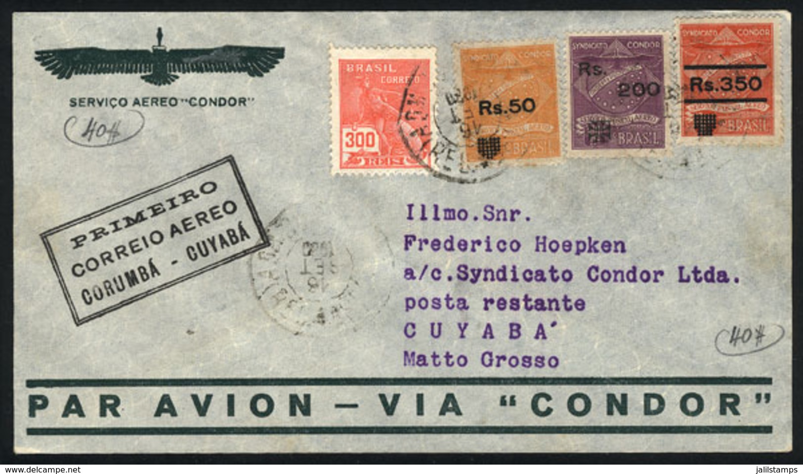 BRAZIL: 16/SE/1930 Corumbá - Cuyabá, First Flight Via CONDOR, Cover Franked By Sc.1CL10/12 + Another Value, VF Quality! - Autres & Non Classés