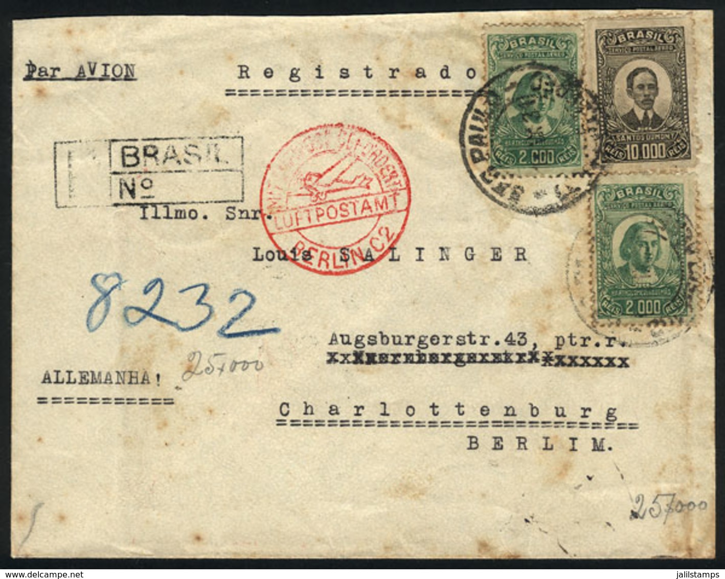 BRAZIL: Registered Airmail Cover Sent From Sao Paulo To Berlin On 11/SE/1931, Franked With 14,000Rs., On Back Stuttgart  - Autres & Non Classés