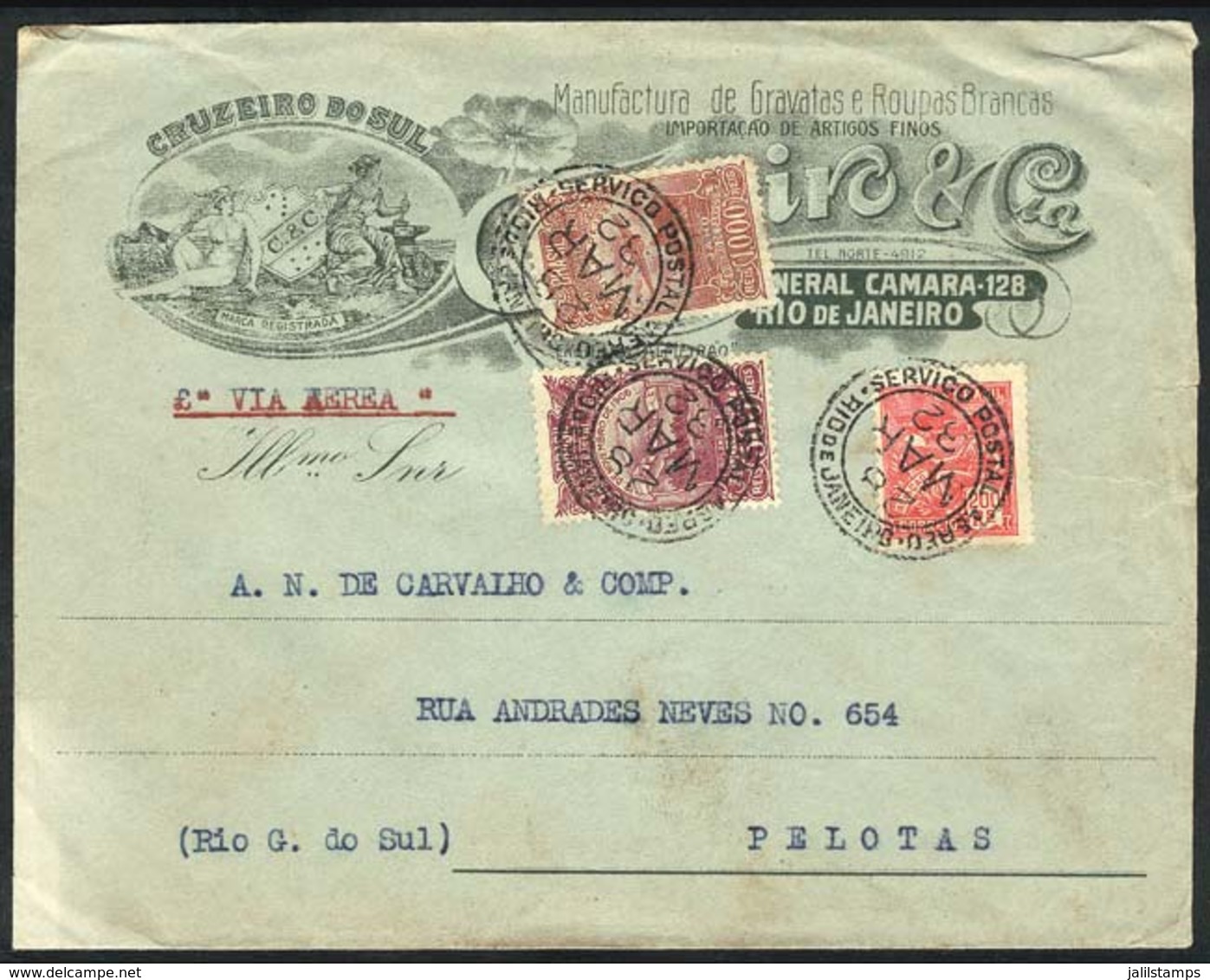 BRAZIL: Cover With Nice Illustrated Advertisement Of Factory Of Ties And Linens, Sent By Airmail From Rio To Pelotas On  - Autres & Non Classés