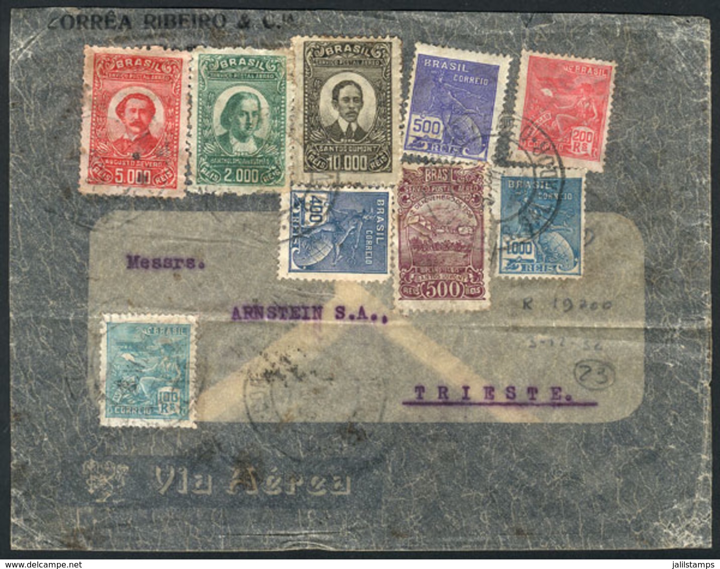 BRAZIL: Airmail Cover Sent From Bahia To Trieste On 3/DE/1932 With Handsome Multicolored Postage Of 19,700Rs. (9 Differe - Autres & Non Classés