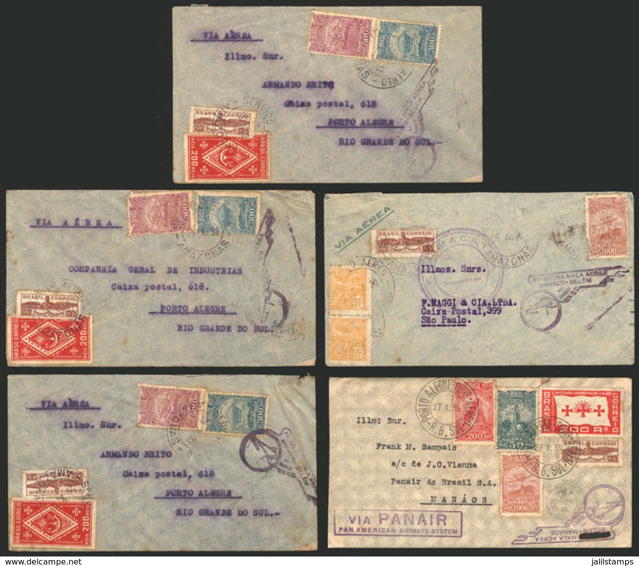 BRAZIL: 5 Covers Flown In OC/1933, All Handstamped "Primeira Mala Aerea Manaos-Belem, Via PANAIR", Very Nice!" - Other & Unclassified