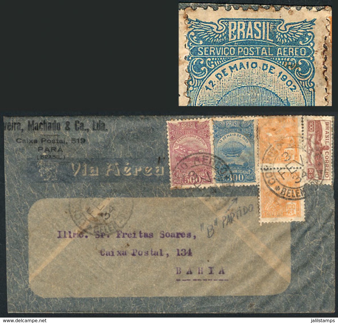 BRAZIL: Airmail Cover Used On 3/FE/1934, One Stamp Of The Postage With Interesting Variety: B In BRAZIL Broken", Interes - Autres & Non Classés