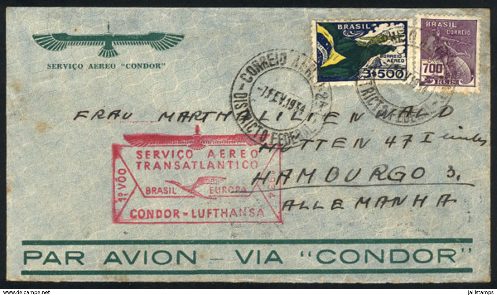 BRAZIL: 7/FE/1934 Rio - Germany, Condor-Lufthansa First Transatlantic Airmail, With Stuttgart Arrival Backstamp. - Autres & Non Classés