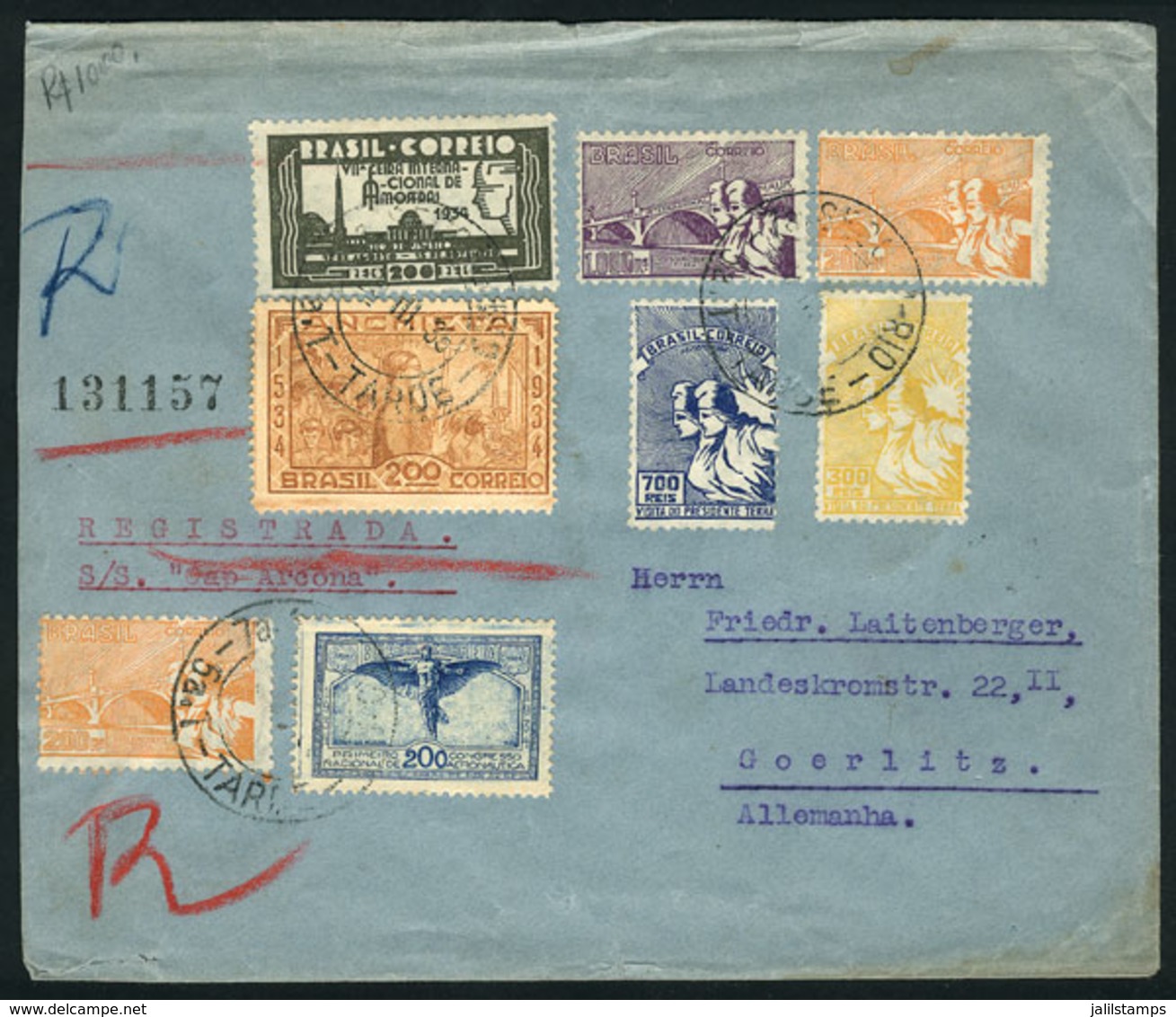 BRAZIL: Registered Cover Sent From Rio To Germany On 29/MAR/1935, With Spectacular Postage Of 8 Commemorative Stamps (7  - Autres & Non Classés