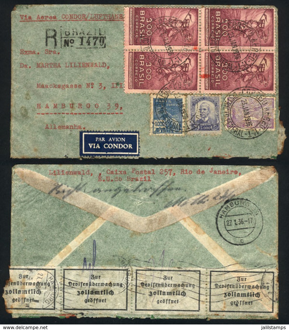 BRAZIL: Registered Airmail Cover Sent From Rio To Germany On 23/JA/1936, Franked With Block Of 4 Sc.408 + Other Values ( - Autres & Non Classés