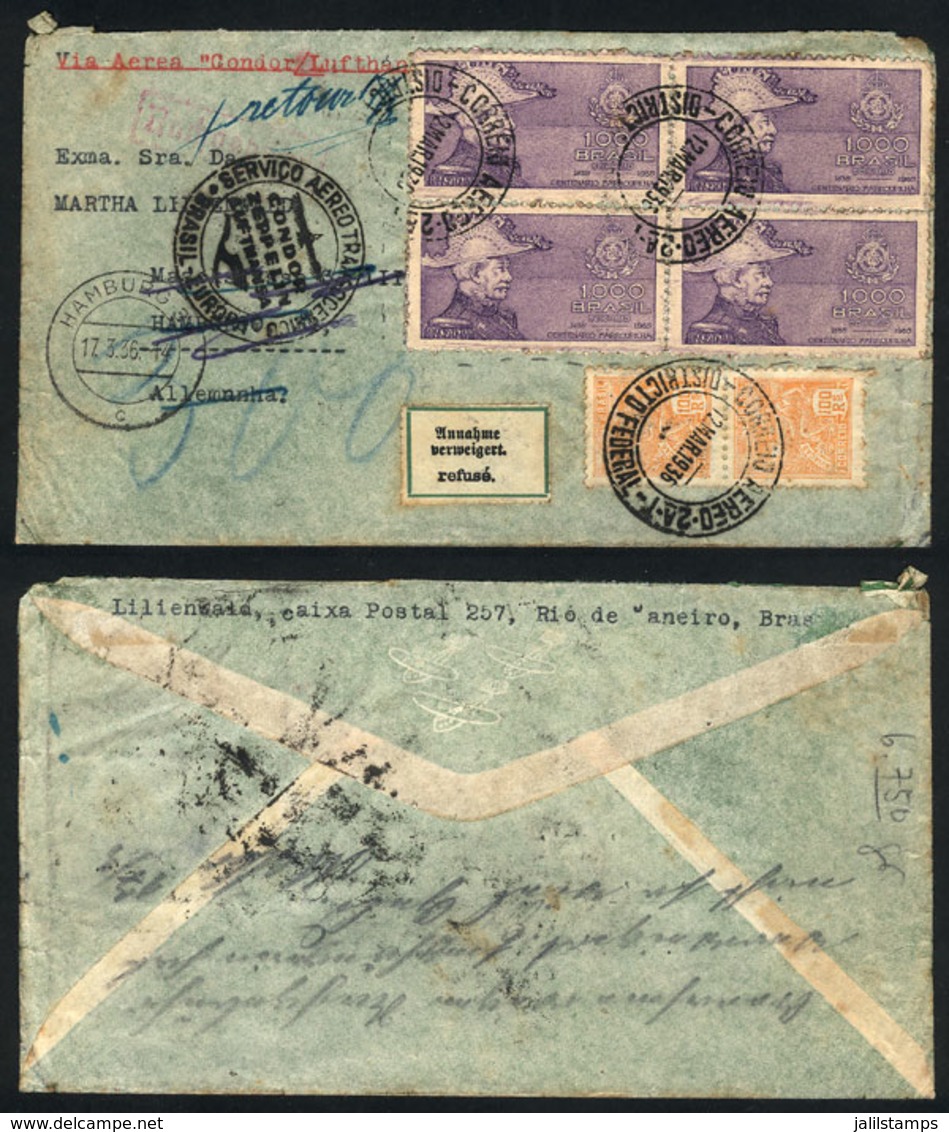 BRAZIL: Registered Airmail Cover Sent From Rio To Germany On 12/MAR/1936 And Returned To Sender, Franked With Block Of 4 - Autres & Non Classés