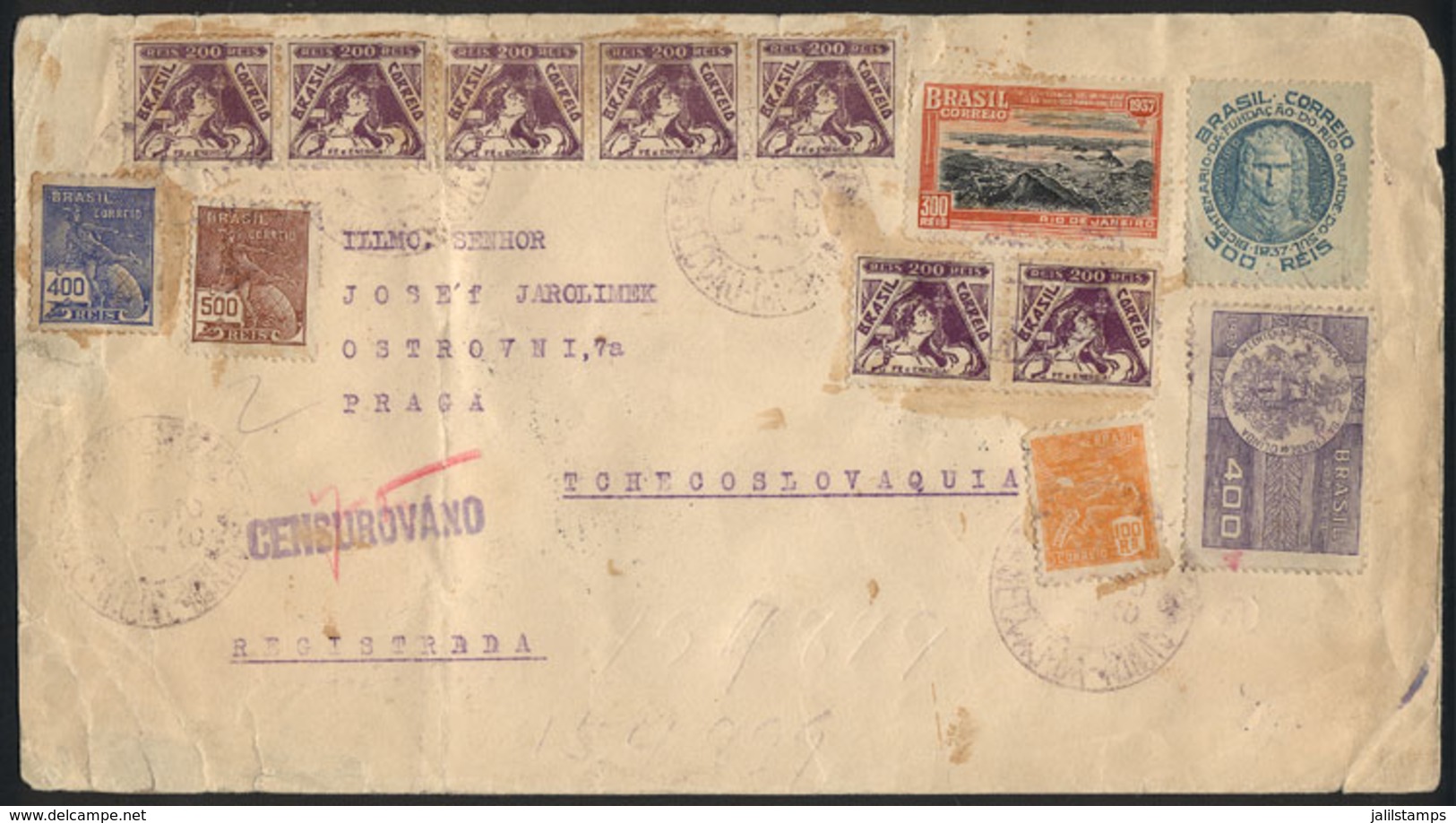 BRAZIL: Registered Cover Sent From Bello Horizonte To Czechoslovakia On 23/SE/1938 With Very Nice Postage Of 3,400Rs., C - Autres & Non Classés