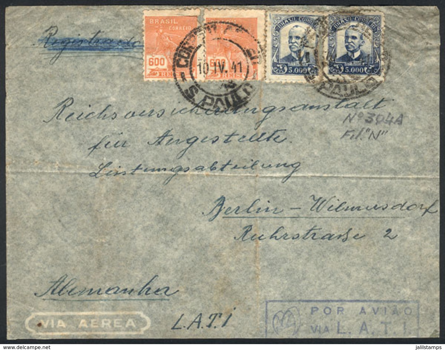BRAZIL: Airmail Cover Sent By LATI From Sao Paulo To Germany On 10/AP/1941, Very Nice! - Autres & Non Classés