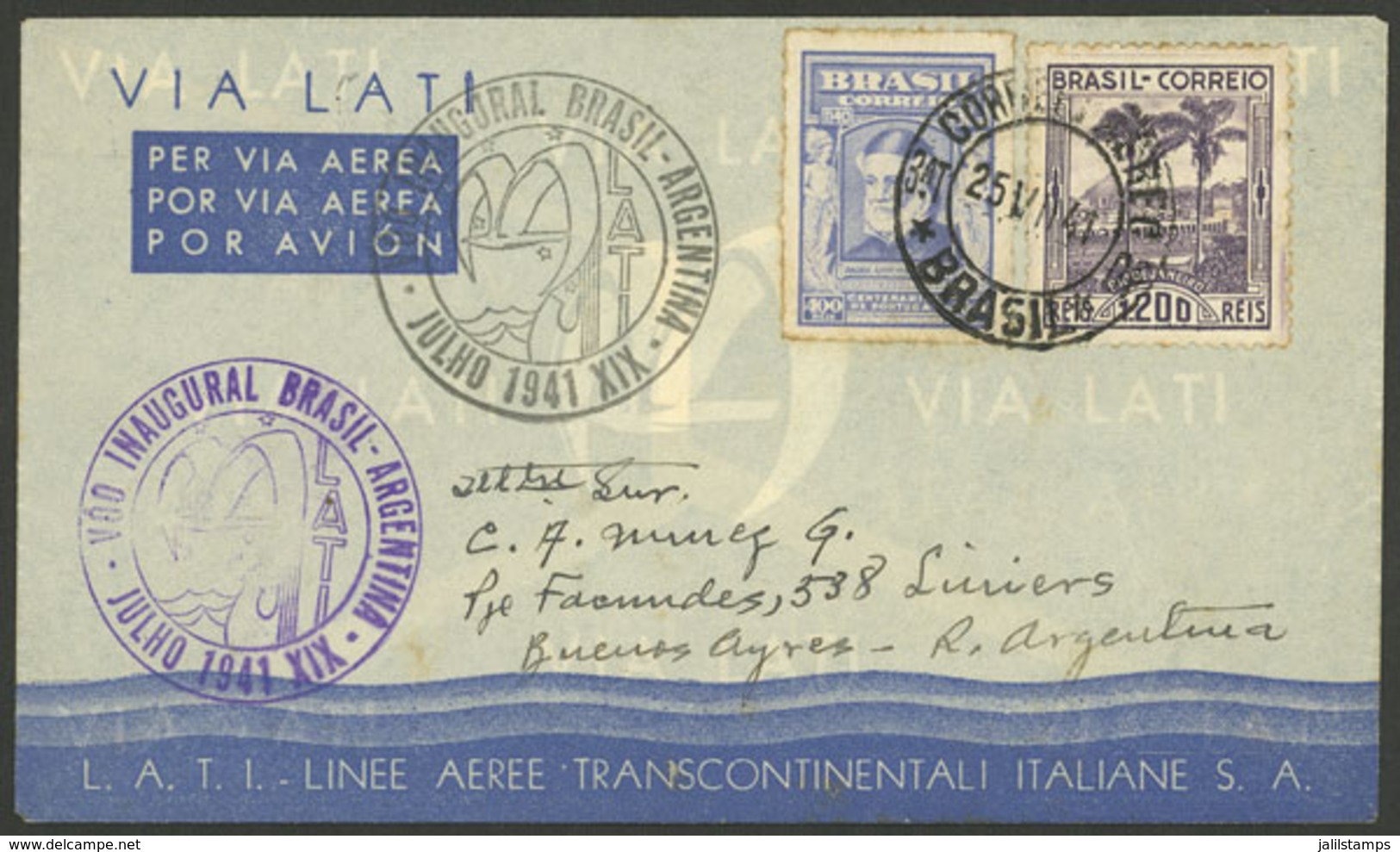 BRAZIL: LATI FIRST FLIGHT Rio De Janeiro - Buenos Aires (Argentina), Cover With Special Handstamps In Black And Violet ( - Autres & Non Classés