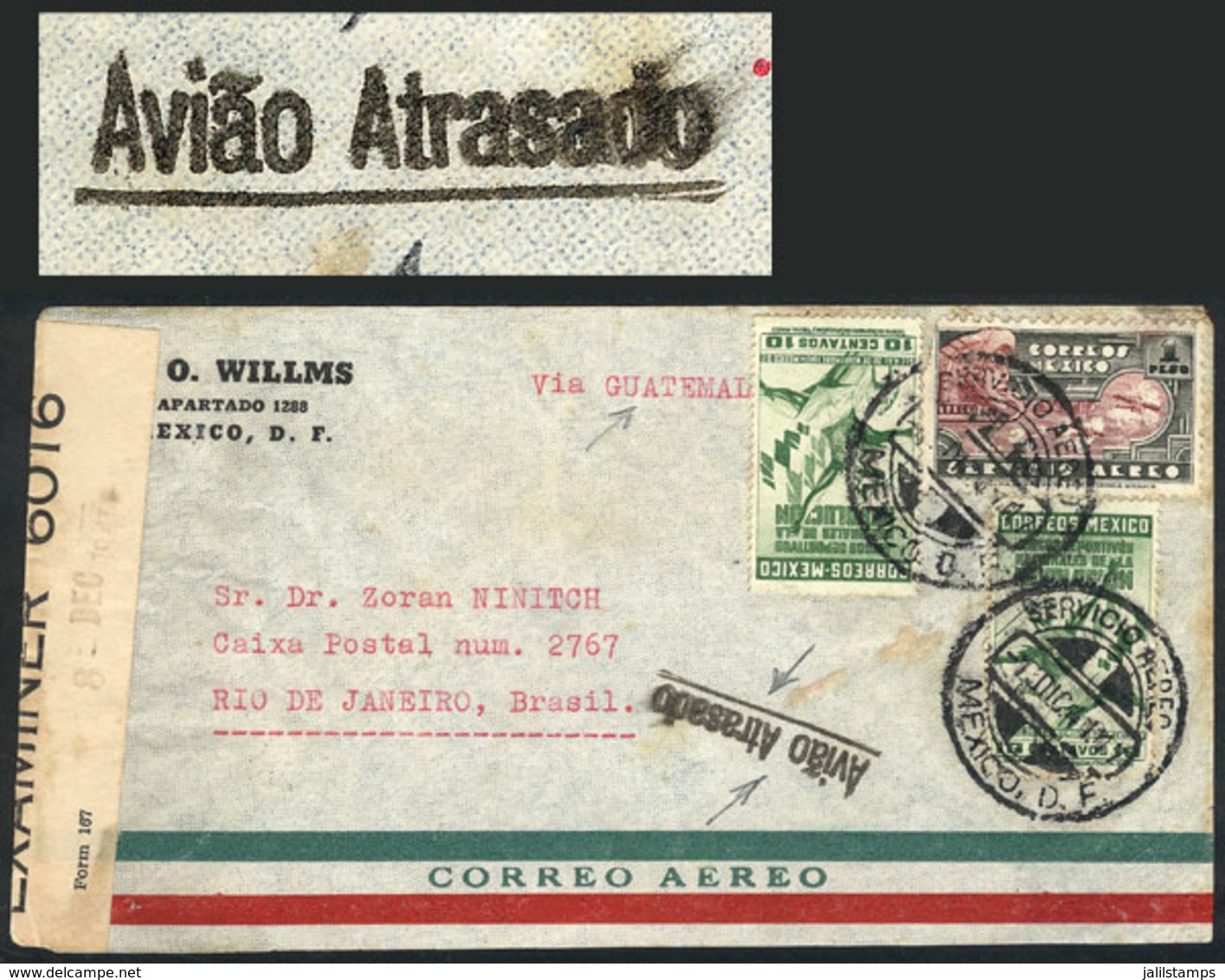 BRAZIL: Airmail Cover Sent From Mexico To Rio De Janeiro "via Guatemala" On 7/DE/1941, On Arrival It Received An Interes - Autres & Non Classés