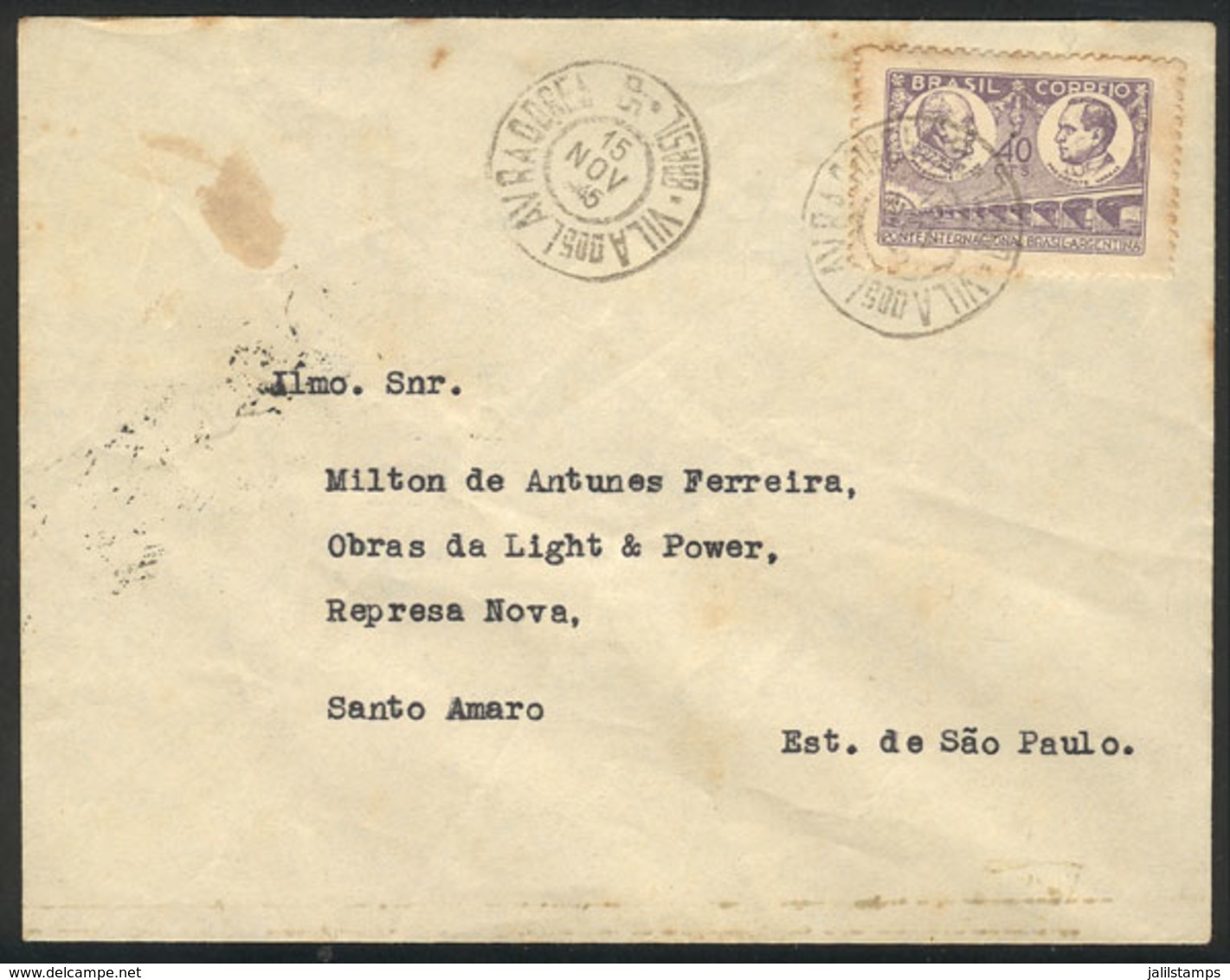 BRAZIL: Cover Franked By RHM.C-213 (inauguration Of The Argentina-Brazil Bridge), Sent From Vila Dos Lavradores (SP) To  - Autres & Non Classés