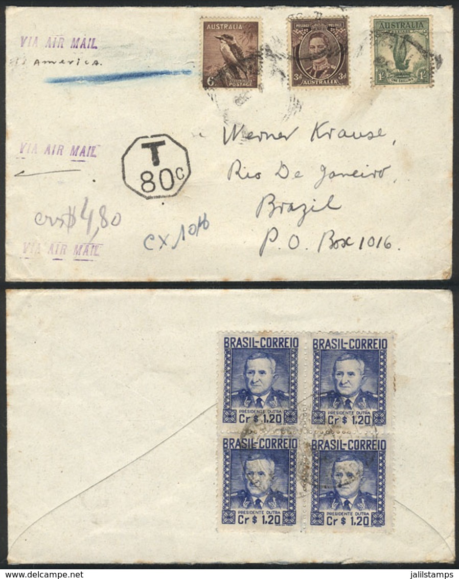 BRAZIL: Cover Sent From Australia To Rio De Janeiro With Insufficient Postage, With DUES Mark For 80c., Which Was Paid O - Autres & Non Classés