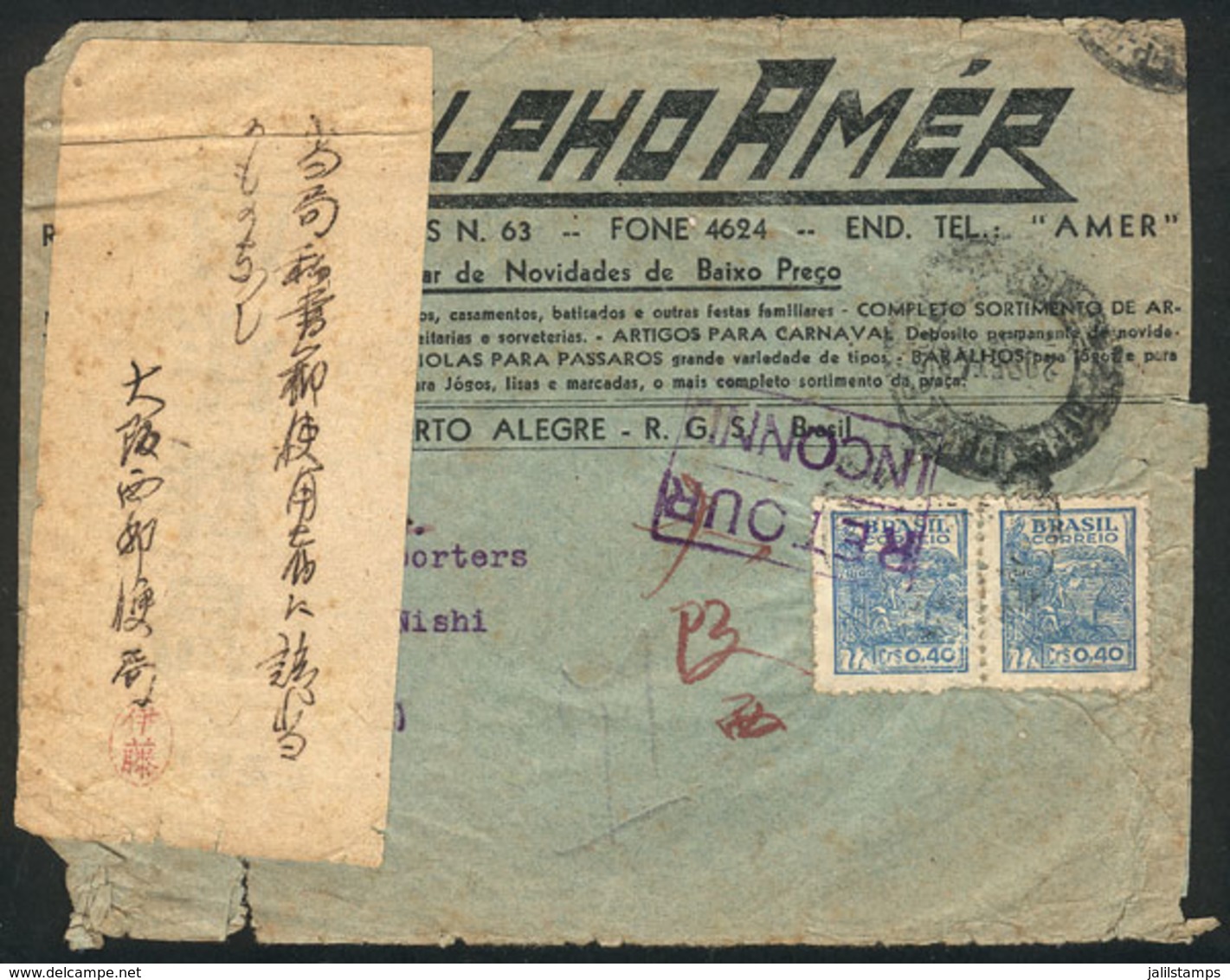 BRAZIL: Cover Sent From Porto Alegre To JAPAN On 29/SE/1948 Franked With 80c., Returned To Sender From OSAKA With Intere - Autres & Non Classés