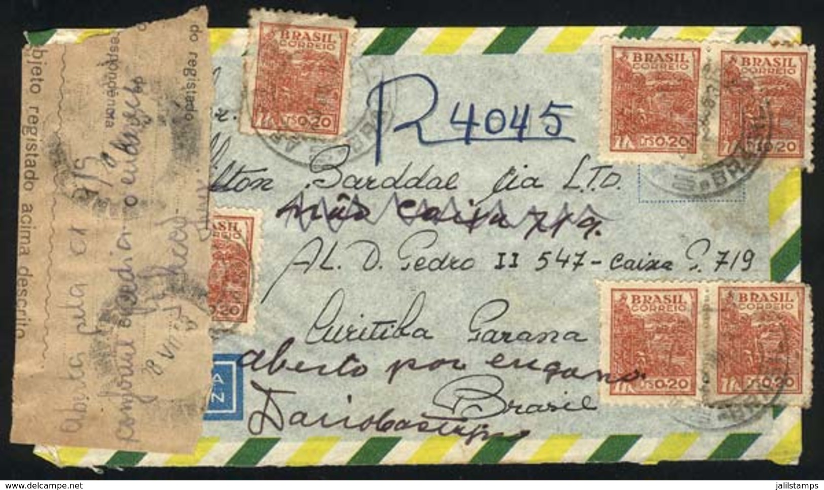 BRAZIL: Registered Cover Sent To Curitiba On 23/JUL/1953, OFFICIALLY OPENED, With Manuscript Inscriptions And Offial Sea - Autres & Non Classés
